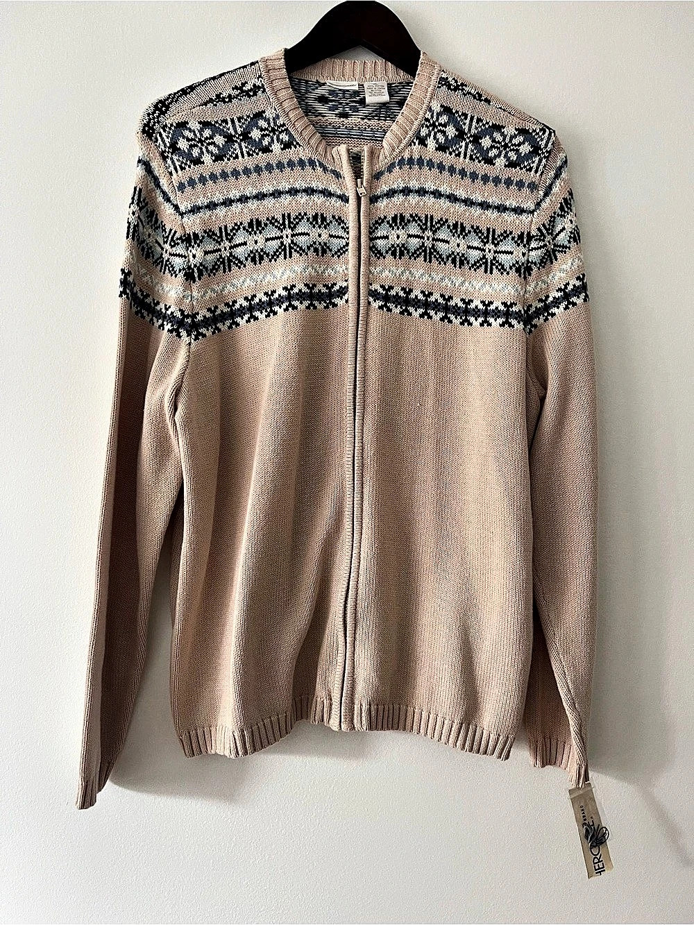 Cherokee Vintage Beige Fair Isle Knit Cardigan Sweater XL 100% Cotton